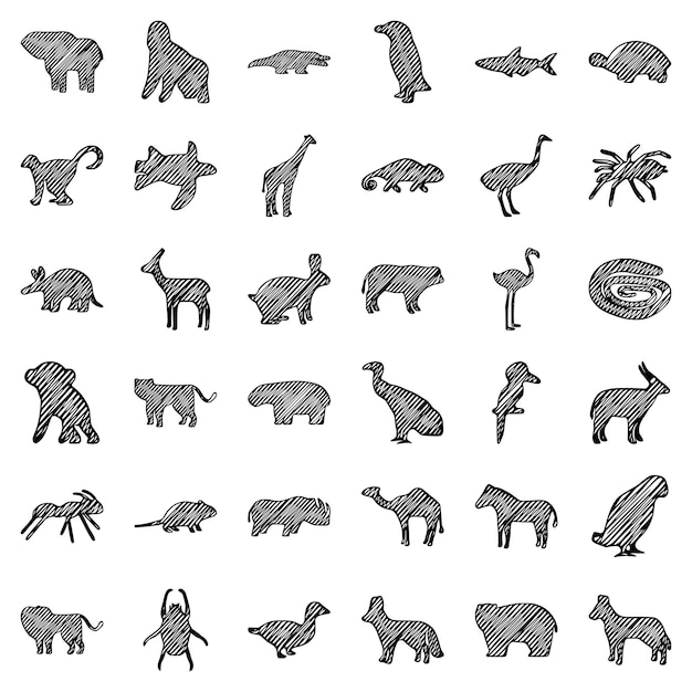 Vector set krabbel silhouetten van afrikaanse dieren, vector illustraties.