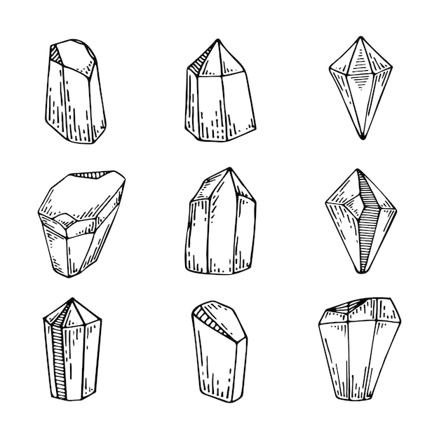 Set kristallijn kunst glas steen met verschillende facetten Staloctite sieraden minerale magische symbool Hand getrokken vector doodles Een eenvoudig overzichtselement