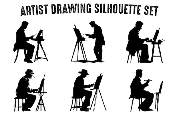 Set kunstenaar silhouetten vector kunstenaar tekening silhouetten zwarte afbeelding