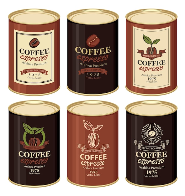 set of labeled tin cans for coffee beans