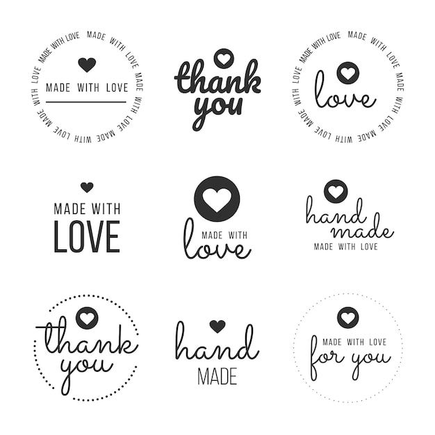 Set labels and bages for sellers including ''thank you'', ''handmade'', ''made with love'' and ''for you'' labels. vector illustration.