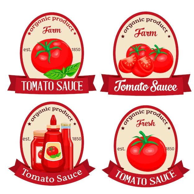 Set di etichette per la progettazione di salsa ketchup di prodotto di pomodoro. illustrazione.