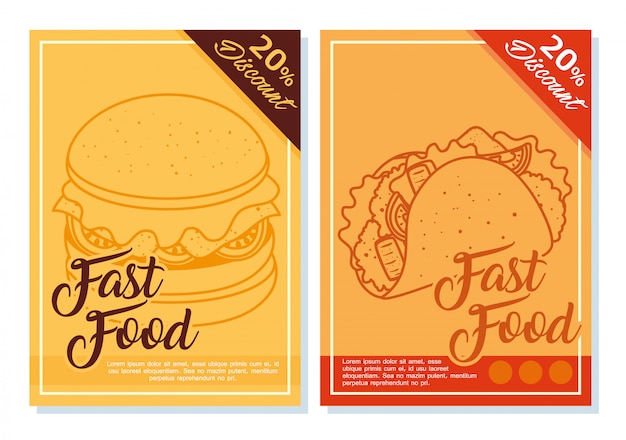 set labels of fast food, with twenty percent discount