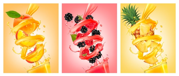 Vector set of labels of of fruit in juice splashes. peach, strawberry, blackberry, pineapple. vector.