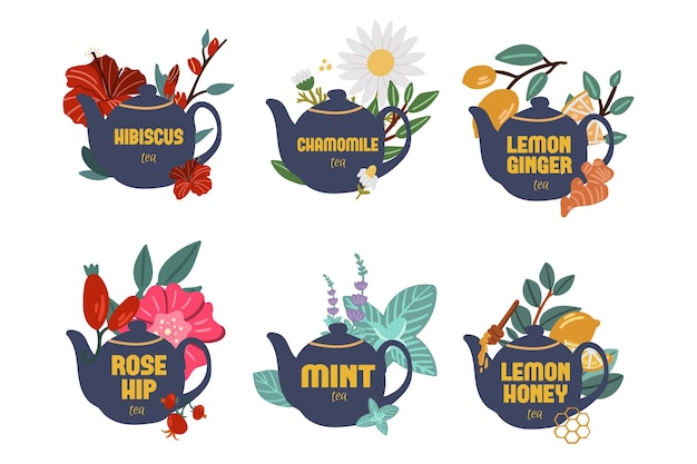 The set of labels herbal tea and teapots icons herbal tea