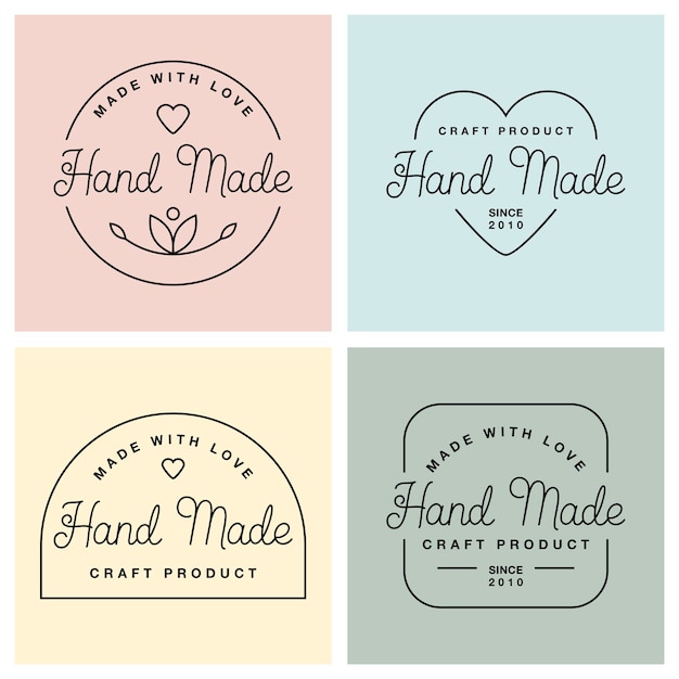 Set labels or logos with lettering hand made. vector flat illustrations. modern and stylish badges of different shapes. thin line inscription handmade, made with love, craft product on pastel colors.