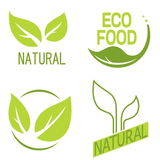 Set of labels, logos with text. natural, eco food. organic food badges in vector (cosmetic, food). vector logos. natural logos with leaves.