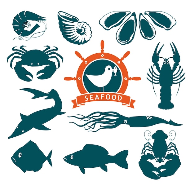 Vector set of labels for seafood