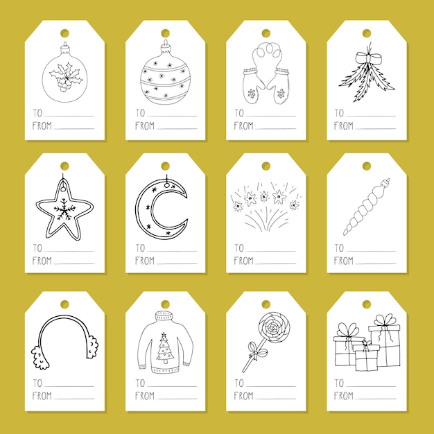Un set di etichette, cartellini per scatole regalo con elementi doodle natalizi e invernali disegnati a mano.