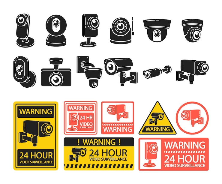 Vector 白い背景の上のカメラ セキュリティ警告分離アイコンとラベルのセット cctv ビデオ監視監視デバイス
