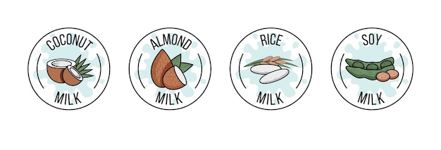 Set of labels with coconut, almond, rice, and soy milk. Vector flat illustration. Tropical dairy products. Collection round elements with splashing milk drink for packaging design nutrition on white.