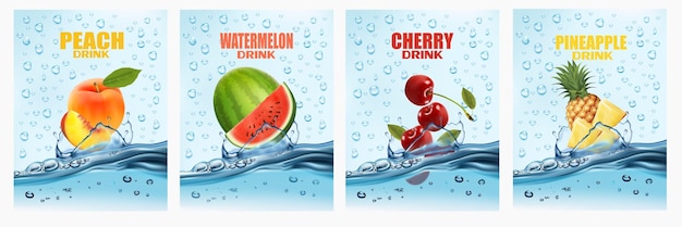 Set of labels with fruit and vegetables drink Fresh fruits juice splashing together peach watermelon cherry pineapple in water drink splashing 3d fresh fruits Vector illustration