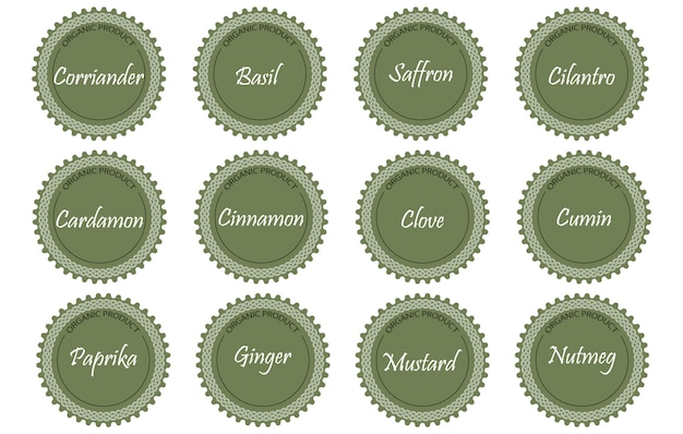 Vector a set of labels with the names of spices seasonings for food icons print