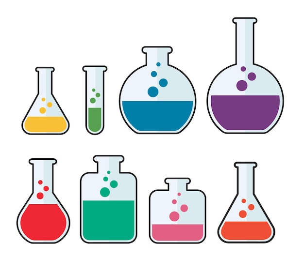 set laboratorium gevuld met kolven voor vloeibare chemie