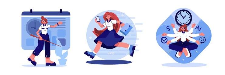 Vector set of ladies doing job on time successful worker completes tasks