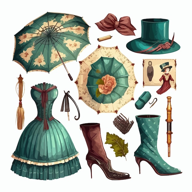 Set Ladies Items Umbrella Hat Boots and Gloves Isolated on background Cartoon flat vector illustration