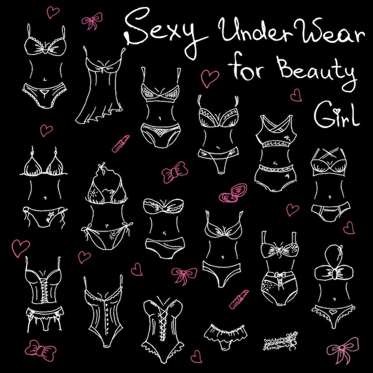 Vector 黒の背景の手描きイラストに女性のセクシーな下着を設定します。