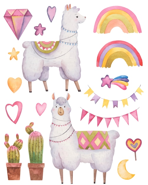 Set lama en alpaca en decor, regenboog harten, cactussen en diamant op een witte achtergrond