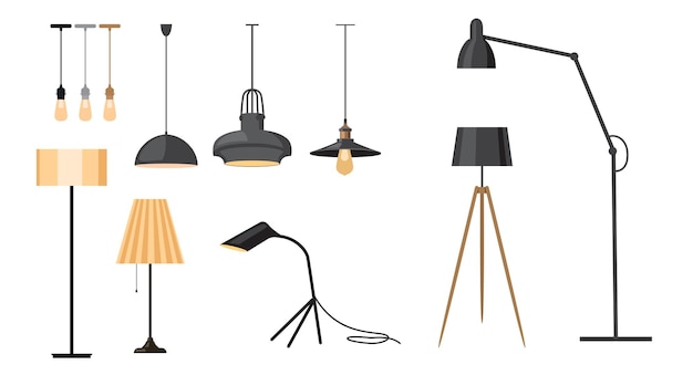 Set of lamp different form on white background vector elements of a modern interior floor and ceiling lamp in cartoon style