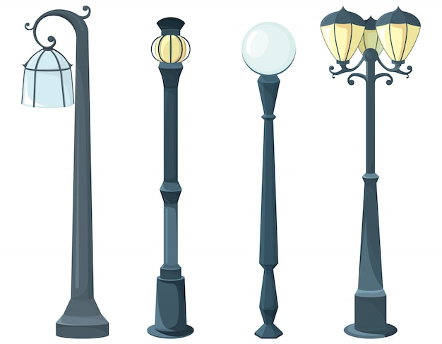 Vector set of lamp posts. vintage light equipments.