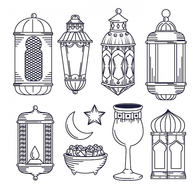 Vector set lamps decoration with chalice and moon with star
