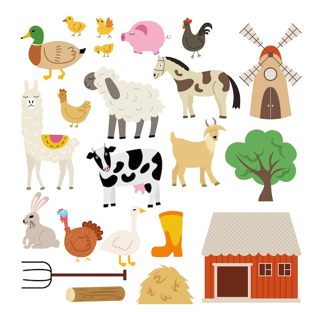 Set landelijke dieren en boerderij. Lama, ram, schaap, koe, varken, paard, geit, eend, haas, konijn, kip,