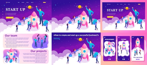 Set Landing page app design Isometric Bright concept start up a new business by young entrepreneurs