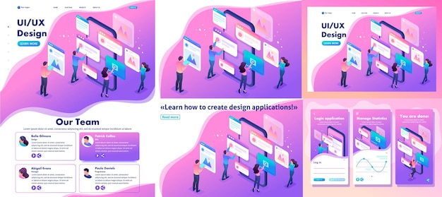 랜딩 페이지 앱 디자인 아이소메트릭 개념을 설정하여 애플리케이션 디자인 UI UX를 만드는 프로세스