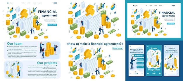 ベクトル ランディング ページ アプリを設定するアイソメトリック コンセプト財務契約を作成するパートナーが契約を締結する