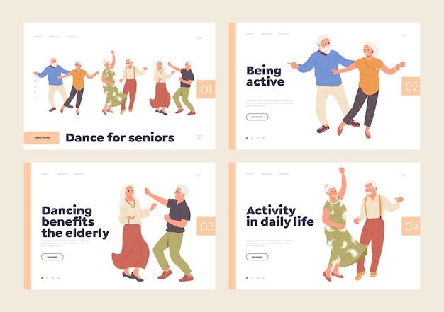 Set of landing page for dance studio providing training classes and courses for elderly people