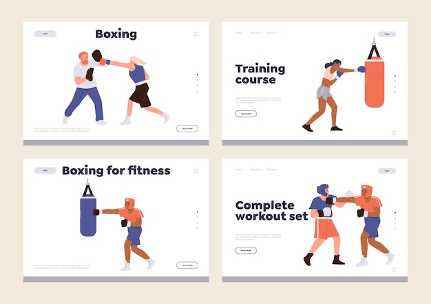 Vettore set di modello di progettazione della pagina di destinazione che pubblicizza la scuola di boxe online o il corso di formazione per sportivi