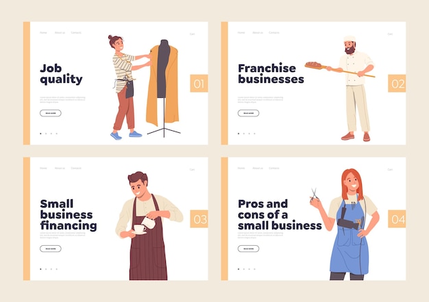 Set of landing page design template for franchising small business support and financing services