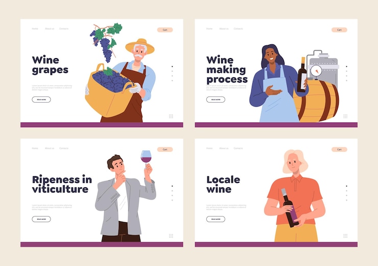 Vector set of landing page design template for winery company wine alcohol drink producing and sale