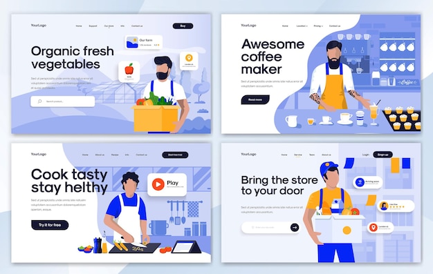 Set of Landing page design templates in flat design style