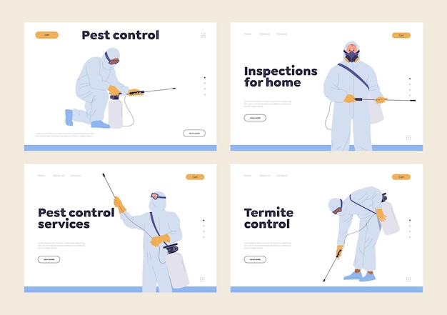 Vector set of landing page for pest control home inspection and treatment professional online services