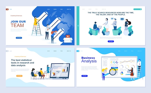 Set of landing page template for business app, data analysis, career, teamwork.