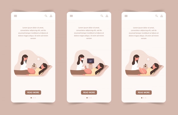 Set of landing page template. Female doctor scanning young mother. Girl with belly smiling. Embryo baby health diagnostic illustration. Mobile template.