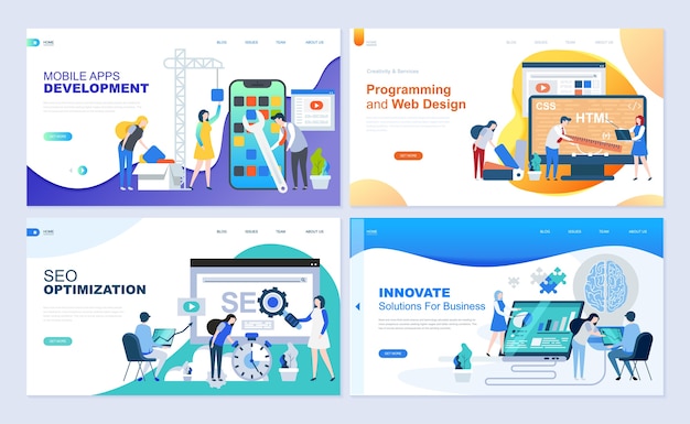 ウェブ開発、SEO、モバイルアプリ、ビジネスソリューション用のリンク先ページテンプレートのセット。