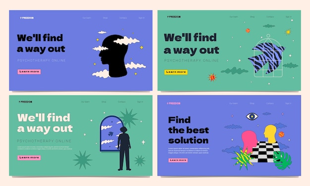 A set of landing page templates with different outlined characters and textured shapes a metaphor of interaction cognition spiritual development