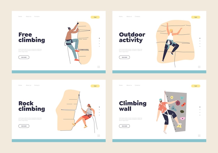 Vector set of landing page with climber athletes. men and women climbing mountain cliff, rock, wall