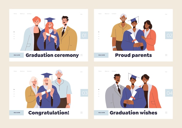 Vector set of landing page with happy family and cheerful graduated student holding diploma certificate