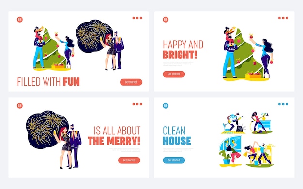 Set of landing pages for christmas celebration with people decorate new year tree and drink champagne.