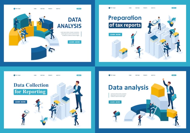 Vector set of landing pages in isometric concept data collection and reporting for tax forms