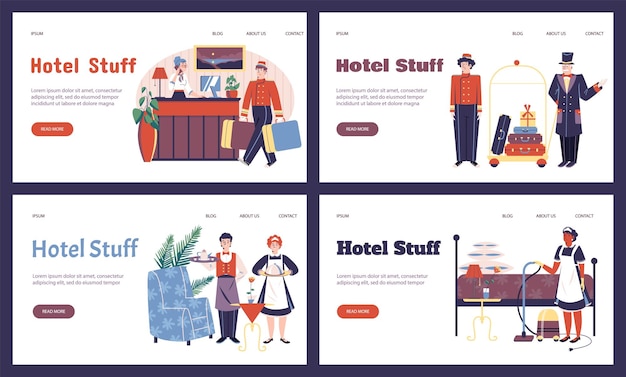 Vector a set of landing pages templates for advertising hospitality service friendly hotel staff in uniform