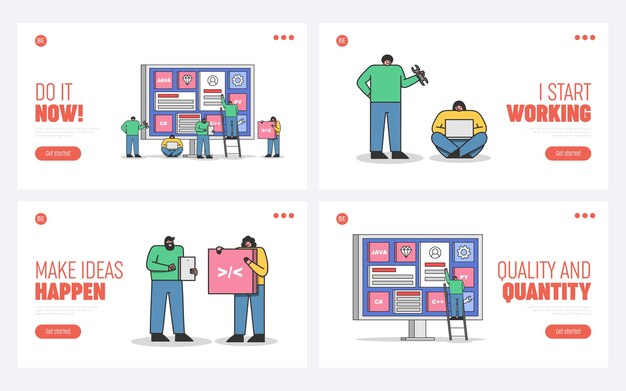 set of landing pages for web development, coding and programming websites and mobile applications with cartoon programmers and developers team