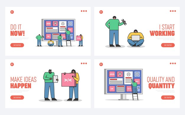 Set di pagine di destinazione per lo sviluppo web, la codifica e la programmazione di siti web e applicazioni mobili con programmatori di cartoni animati e team di sviluppatori
