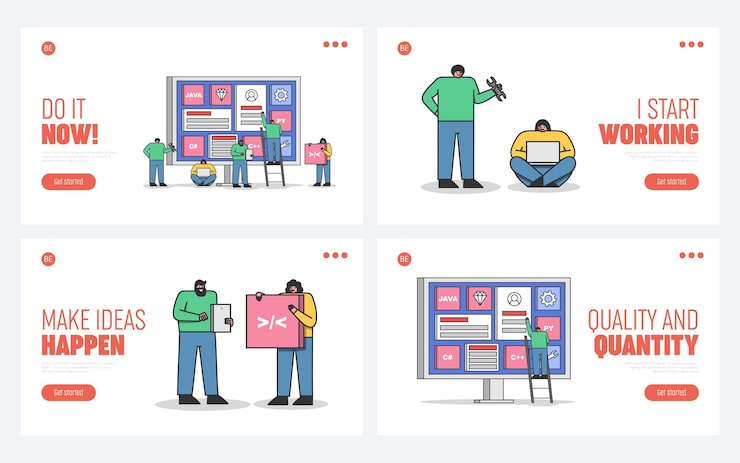 Vector 만화 프로그래머 및 개발자 팀과 함께 웹 개발, 코딩 및 프로그래밍 웹 사이트 및 모바일 애플리케이션을위한 랜딩 페이지 세트