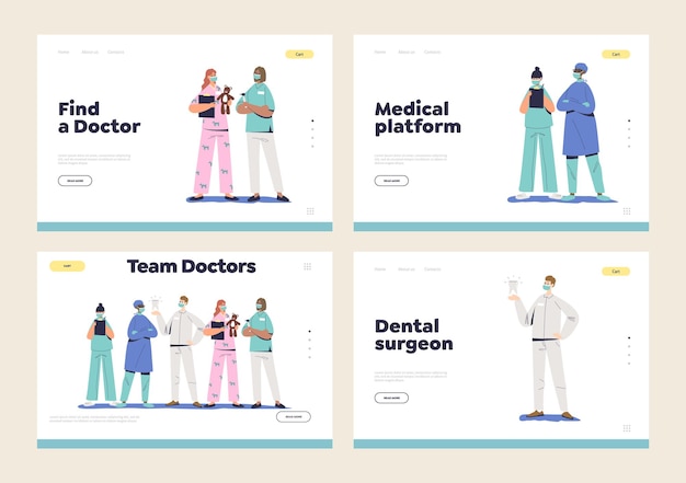 Set of landing pages with doctors working on medical platform with distant consultation