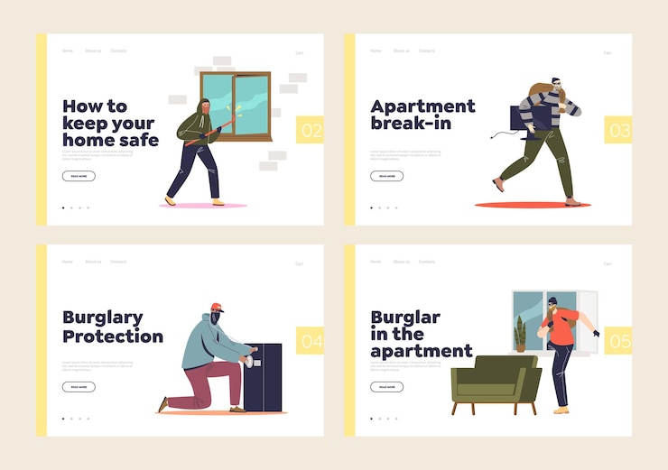 Vector set of landing pages with home burglar, housebreaking, robbery and thief in apartment.