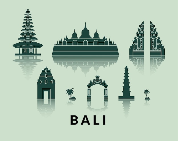 Set di silhouette di punti di riferimento di bali, indonesia